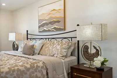 Master bedroom with king size bed and private deck featuring ocean views. Large closet and dresser available for storage.