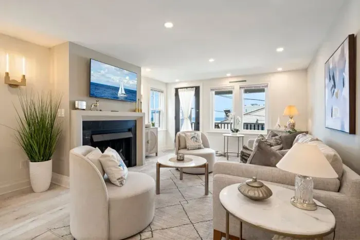 Spacious living room with gas fireplace
