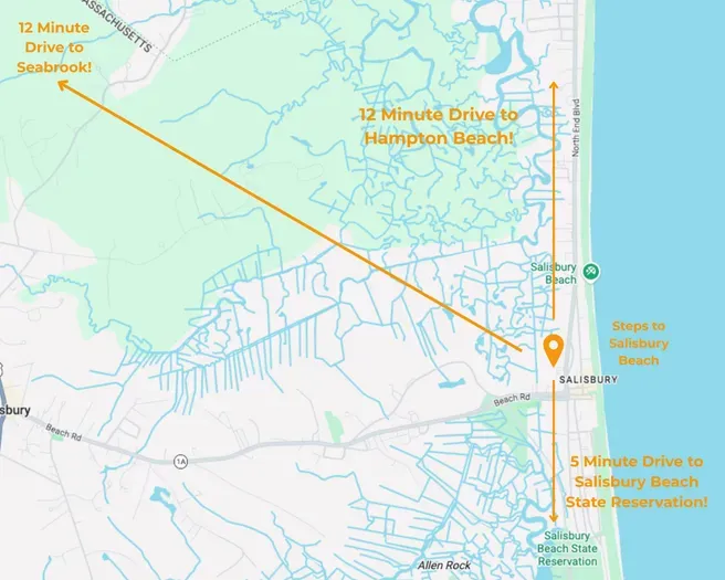 Steps to Salisbury Beach! 12 minute drive to Hampton Beach and Seabrook NH. A 5 minute drive to Salisbury State Beach Reservation!