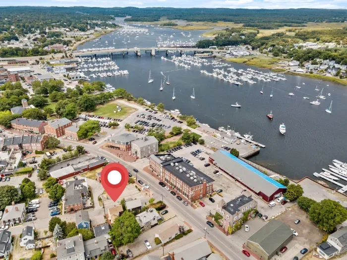 Aerial view of "The Garden". Steps to Newburyport's water front, short walk to State Street and the Rail Trail. 3 miles to Plum Island.