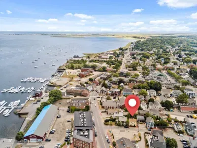 Aerial view of "The Garden". Steps to Newburyport's water front, short walk to State Street and the Rail Trail. 3 miles to Plum Island.