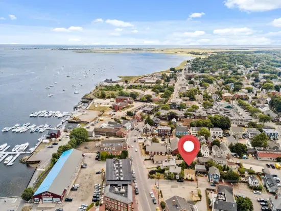Aerial view of "The Garden". Steps to Newburyport's water front, short walk to State Street and the Rail Trail. 3 miles to Plum Island.