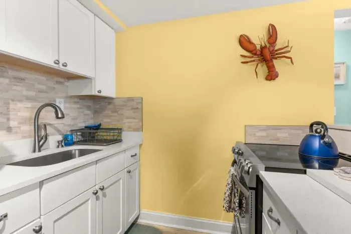 Newly renovated, open kitchen & living room with all new appliances, breakfast bar, 4-seat dining table, couch, accent chair and flat screen smart Roku TV.