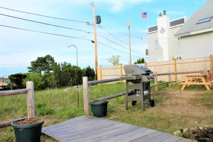 Back outdoor space with gas grill and picnic table