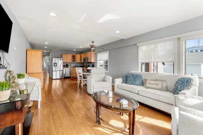 The living room and kitchen view of the Nautical unit!