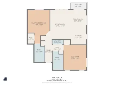 Our floor plan - 2 bedrooms, 2 full bathrooms, in-unit laundry, kitchen, dining area and living room. Comfortably sleeping 6 people in 1 king bed, and 2 queen beds.