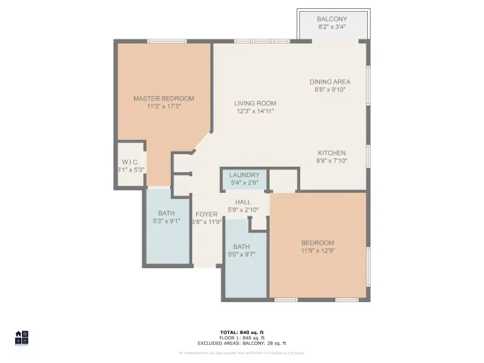Our floor plan - 2 bedrooms, 2 full bathrooms, in-unit laundry, kitchen, dining area and living room. Comfortably sleeping 6 people in 1 king bed, and 2 queen beds.