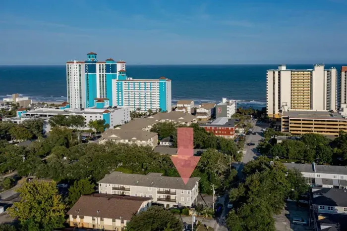 Aerial view of Myrtle Beach. Our condo is a half block to the beach.