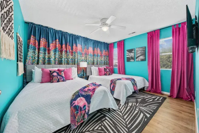 Bedroom #2 with 2 queen beds, closet and smart Roku TV