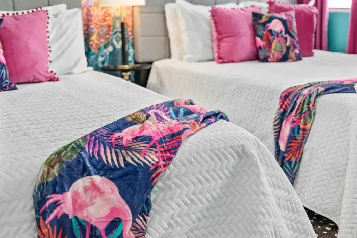 Bedroom #2 with 2 queen beds, closet and smart Roku TV