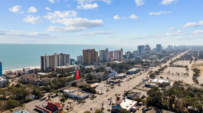Aerial view of Myrtle Beach. Our condo is a half block to the beach.