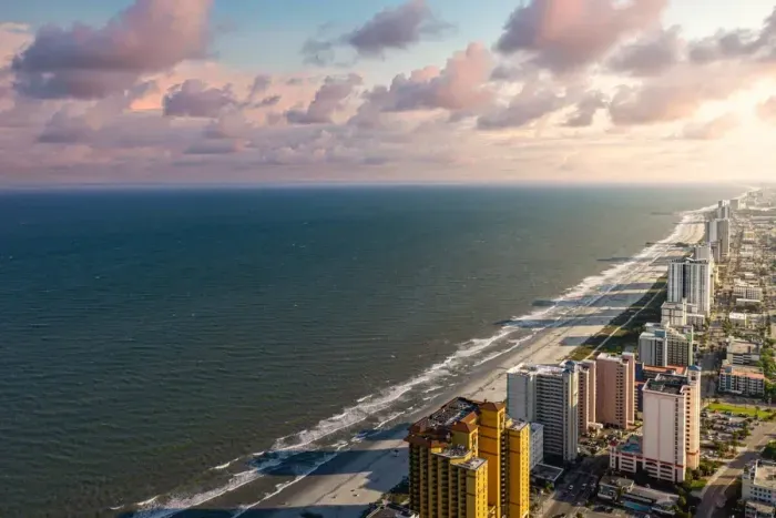 Aerial view of Myrtle Beach. Our condo is a half block to the beach.