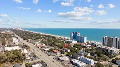 Aerial view of Myrtle Beach. Our condo is a half block to the beach.