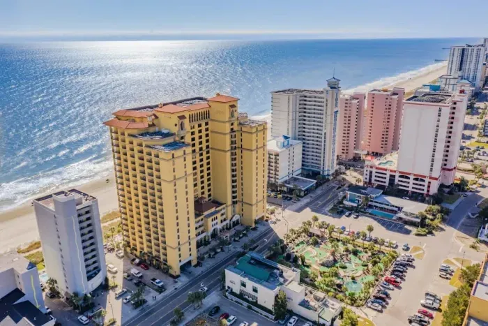 Aerial view of Myrtle Beach. Our condo is a half block to the beach.