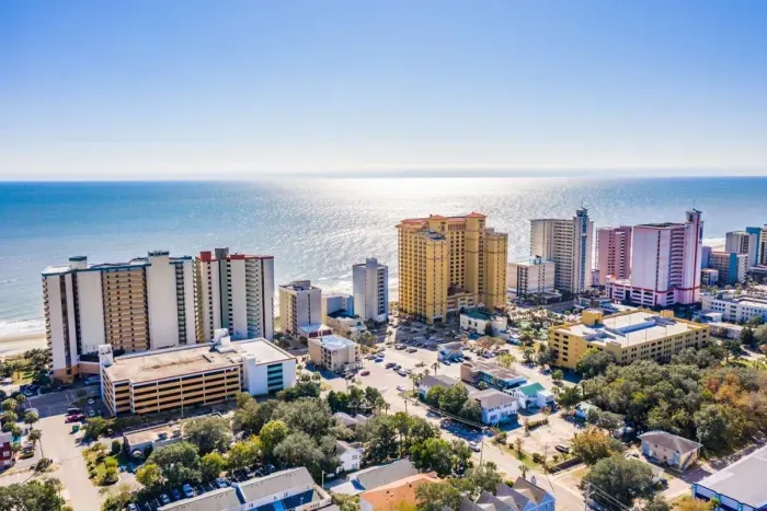 Aerial view of Myrtle Beach. Our condo is a half block to the beach.
