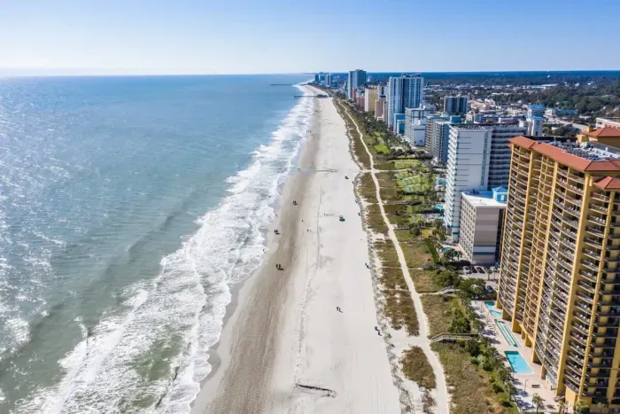 Aerial view of Myrtle Beach. Our condo is a half block to the beach.