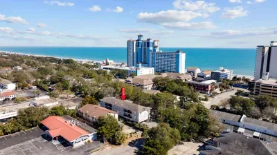 Aerial view of Myrtle Beach. Our condo is a half block to the beach.