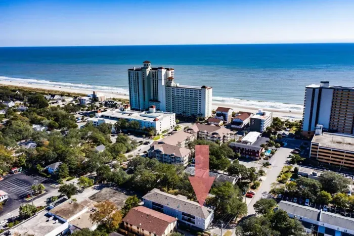 Aerial view of Myrtle Beach. Our condo is a half block to the beach.