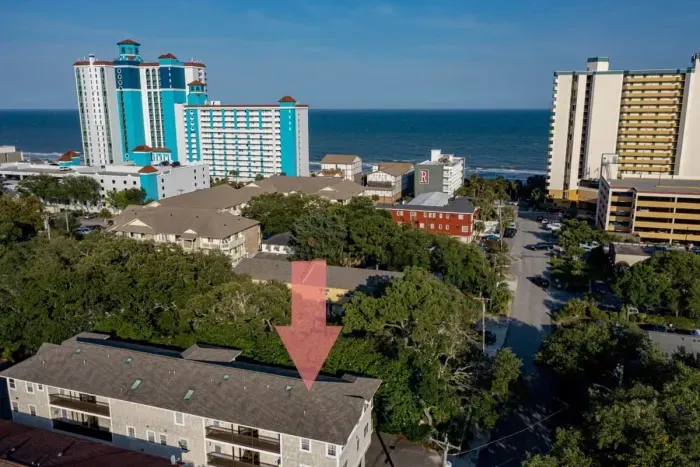 Aerial view of Myrtle Beach. Our condo is a half block to the beach.