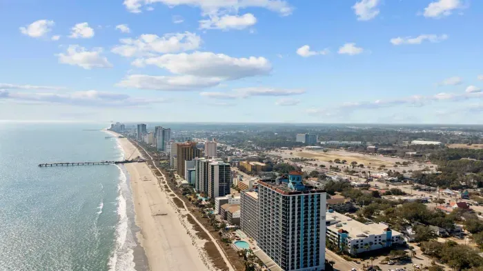 Aerial view of Myrtle Beach. Our condo is a half block to the beach.