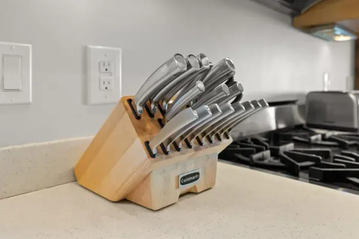 full set of knives in a knife block