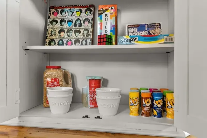 Fun popcorn station, located under the living room TV. Enjoy a movie and snacks!
