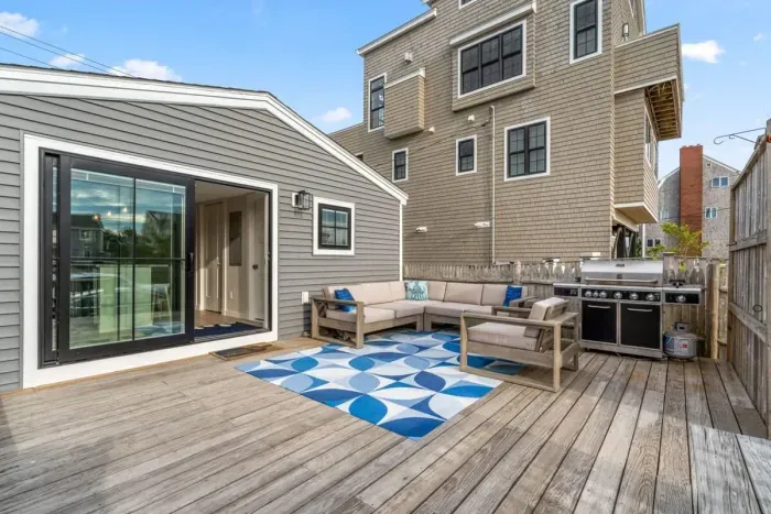 Large private back deck with gas grill