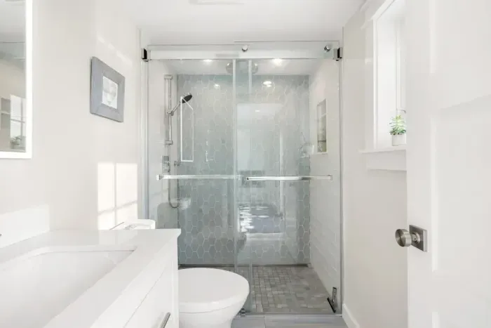 Full bathroom with walk-in tiled shower