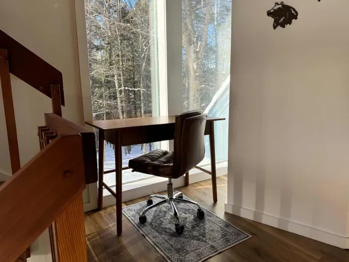 Desk is located on the 2nd floor! Located in a cozy corner overlooking the beautiful backyard woods.