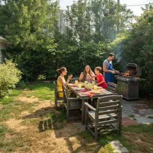 Enjoy a feast with your friends & family in the backyard with new outdoor furniture, seating for 6, and a gas grill.