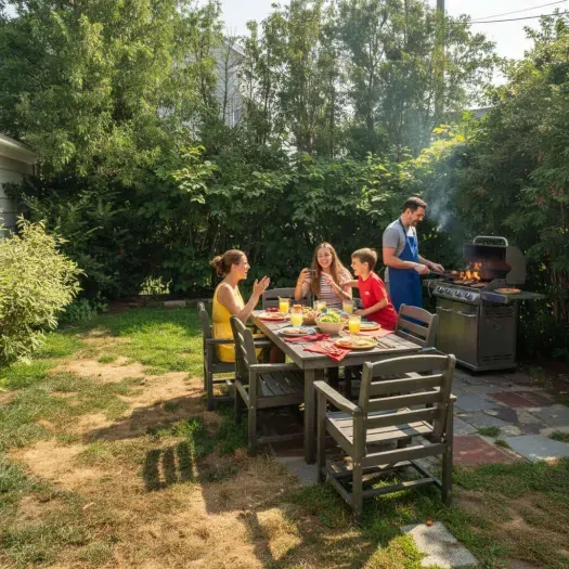 Enjoy a feast with your friends & family in the backyard with new outdoor furniture, seating for 6, and a gas grill.