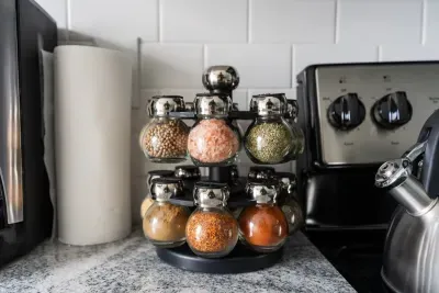 Variety of spices in a spice rack