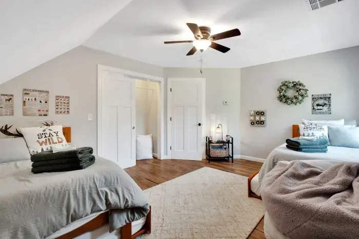Bedroom #2 with two twin beds, each have a trundle bed. There is a Roku TV in this room