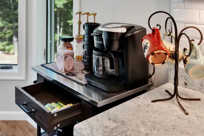 Coffee, tea, and creamer are provided! Flavor pumps are for display only