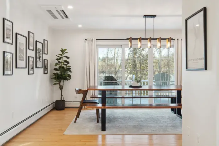 This dining table is beautiful! Seating for 10 plus seating at the island allows everyone to have a comfortable place to eat!