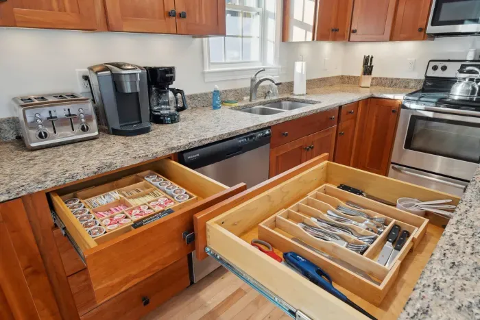 Fully equipped kitchen with all necessary utensils with updated appliances. Coffee is provided!