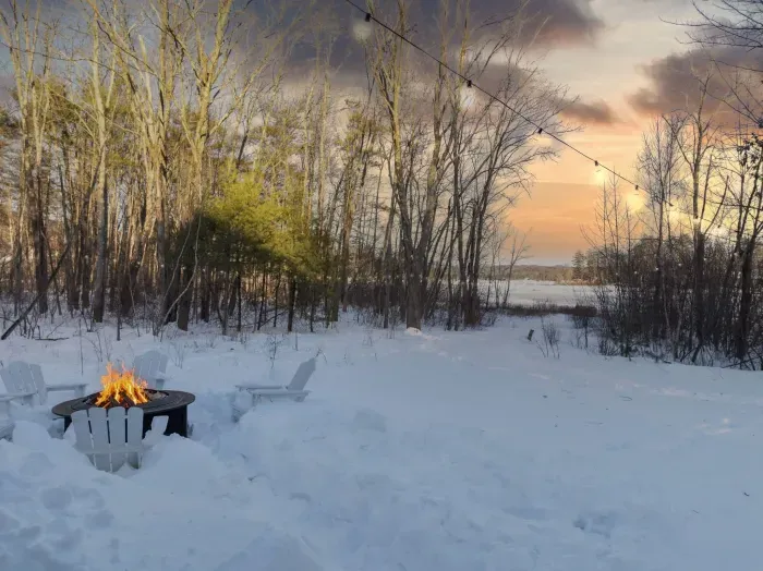 The backyard in the winter featuring new string lights!