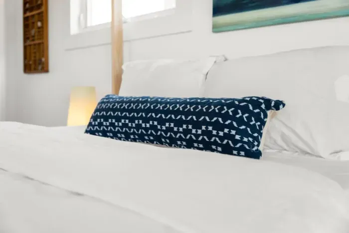 Bedroom with queen bed, sleeper sofa, work desk, smart TV and slider to private back deck