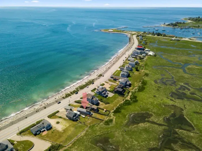 Aerial view, across the street from the ocean, large private lawn area and roof deck to relax, sunbath and grill