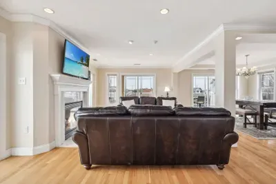 Open-concept living room with gas fireplace