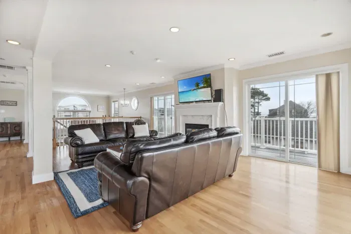 Open-concept living room with gas fireplace