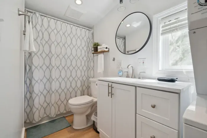 Sleek, minimal full bathroom with standing shower
