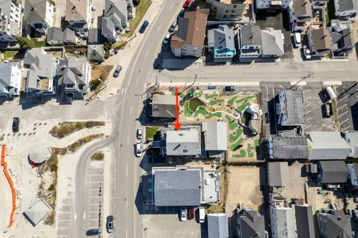 This is an aerial view of the Americana! Just steps from the beach!