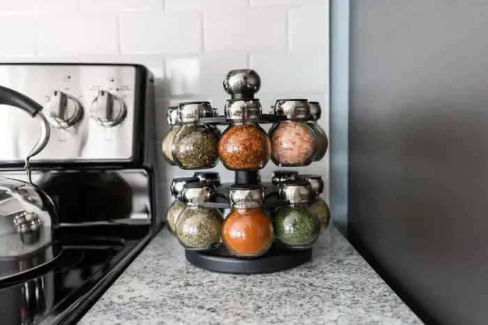 Variety of spices in a spice rack