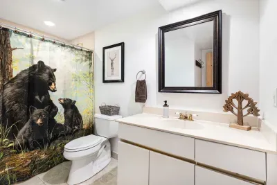 This is the full bathroom on the first floor. There are clean towels and linens provided for all guests. There is a shower/jetted tub combo.