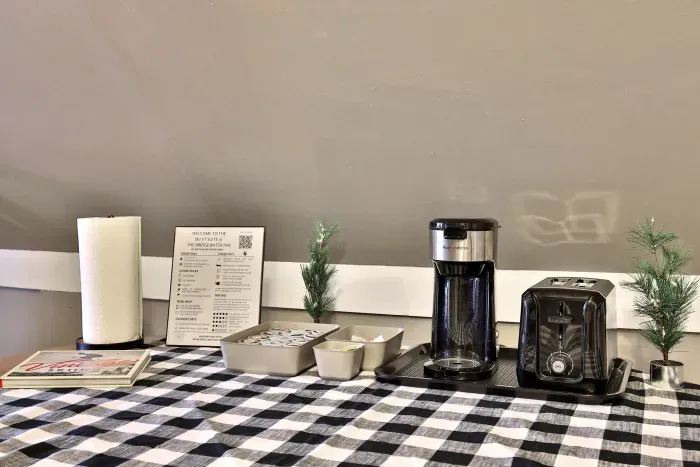 Kitchenette area features complimentary coffee, creamer and sugar, as well as a mini-fridge, toaster and microwave.