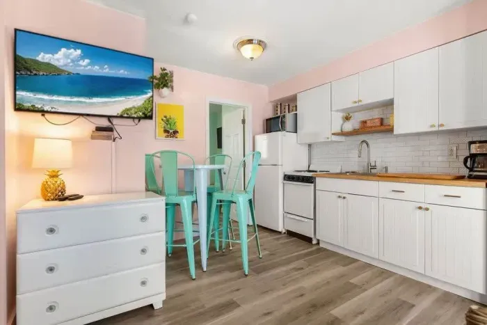 Newly renovated kitchen/living room with flatscreen smart TV, stove, refrigerator, microwave and sleeper sofa