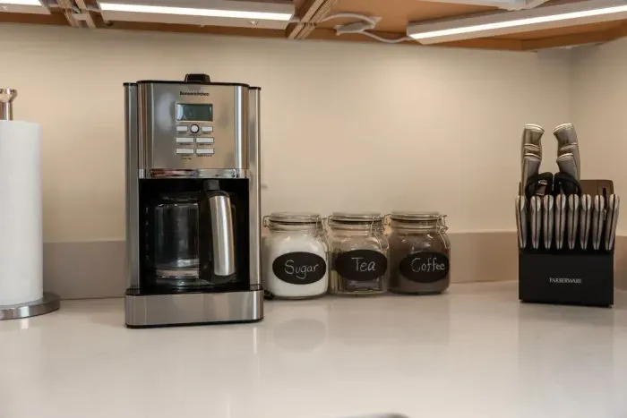 Coffee station. Coffee, sugar, cream, and tea is provided!