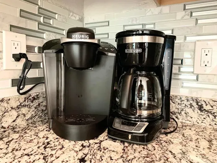 Coffee station with drip coffee maker and Keurig coffee maker.