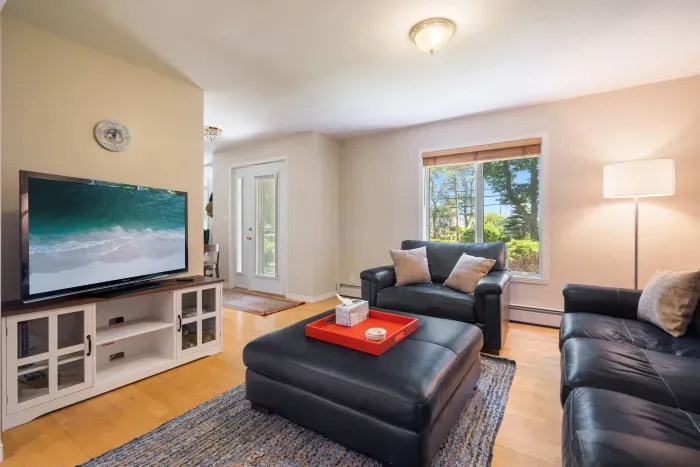 Living room with comfortable couch set up and smart TV